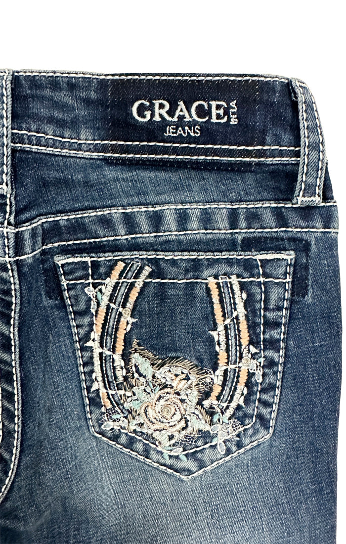 Horse Shoe /Floral Modify Embroidery Girls Bootcut Jeans