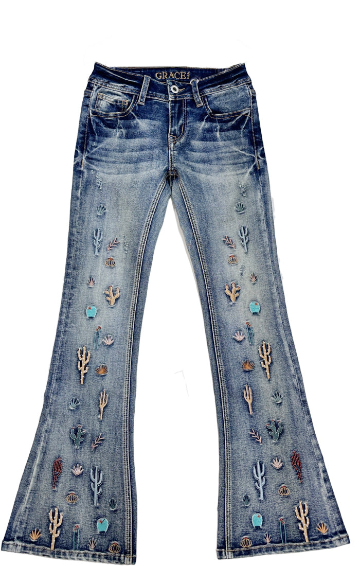 Cactus Motif Embroidery Girls Flare Jeans 12 / GL-51984