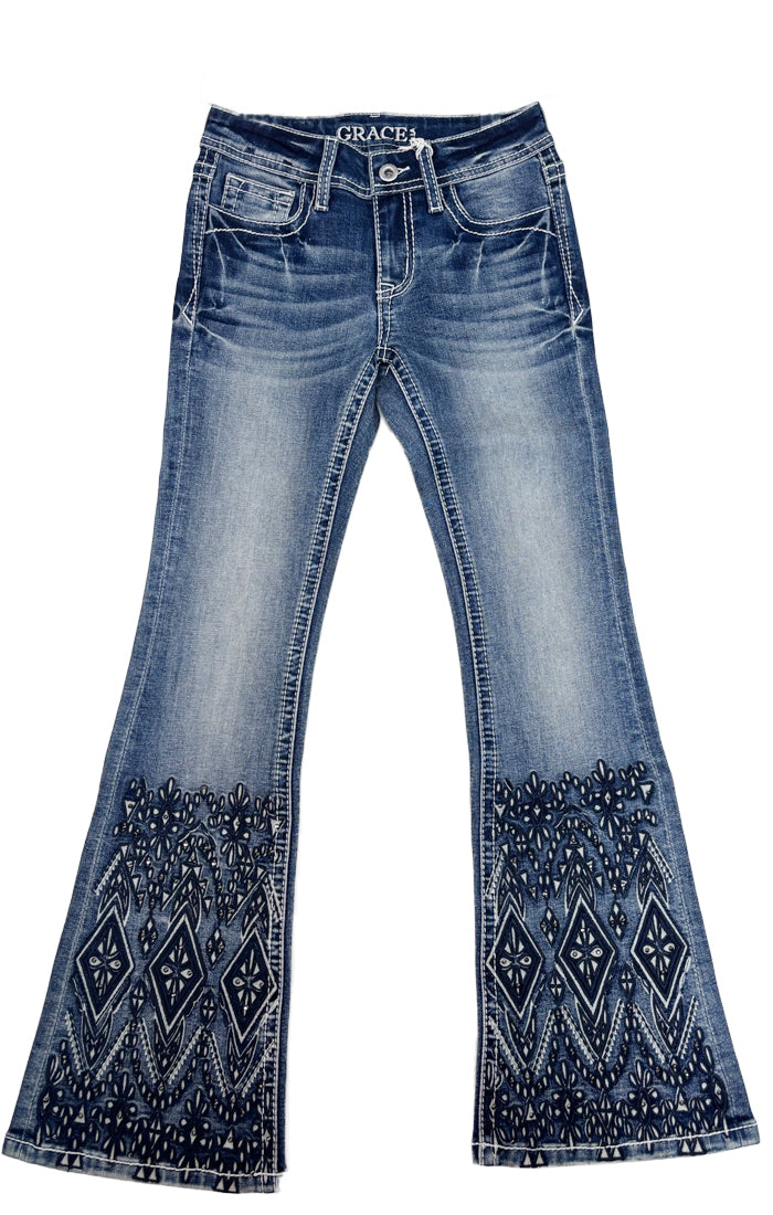 Aztec Embroidery on Hem Boho Girls Flare Jeans