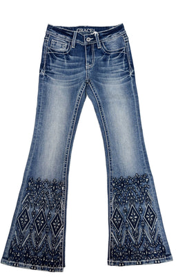 Aztec Embroidery on Hem Boho Girls Flare Jeans