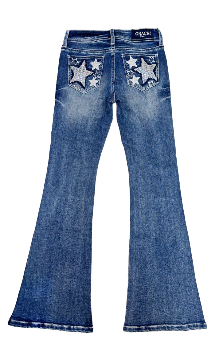 Stars/Sequins Embroidery on Hem Boho Girls Flare Jeans