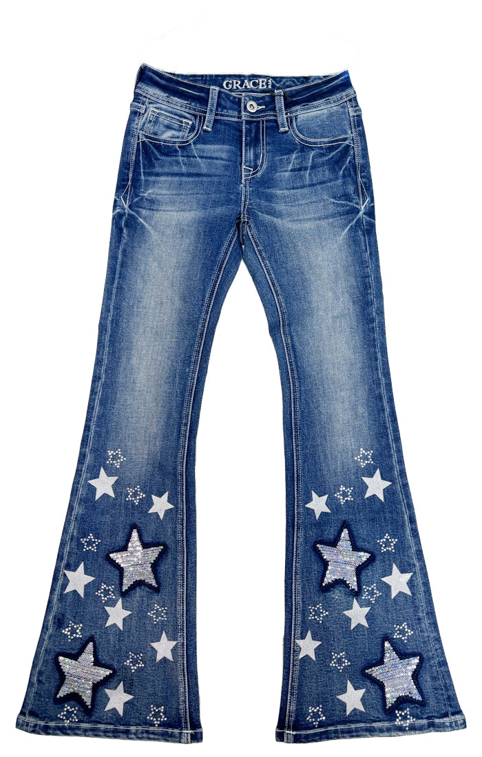 Stars/Sequins Embroidery on Hem Boho Girls Flare Jeans