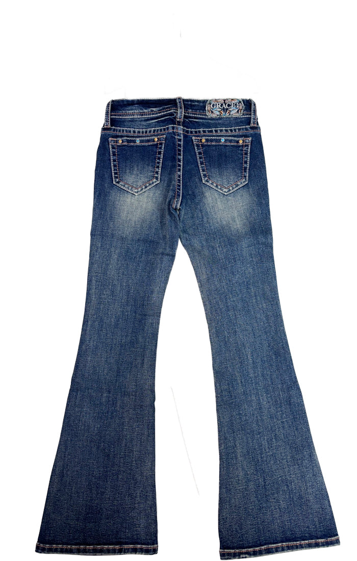 Feather Motif Embroidery Girls Flare Jeans