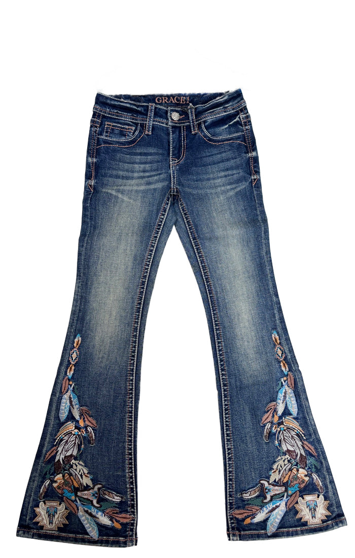 Feather Motif Embroidery Girls Flare Jeans