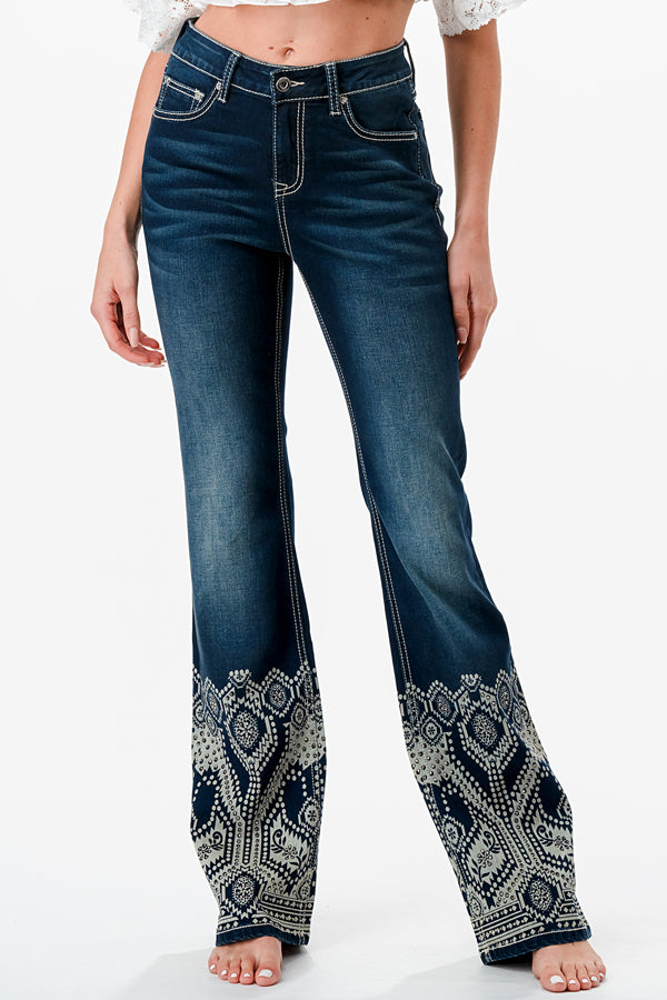 Aztec Printing Embellished High Waist Bootcut Jeans