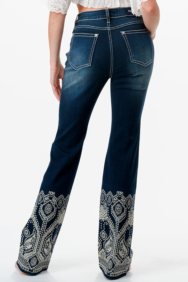 Aztec Printing Embellished High Waist Bootcut Jeans