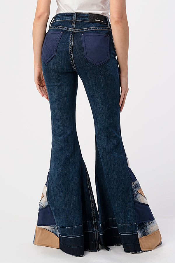 Bell Bottom Trim Detail Med Blue Wash High Waist Fare