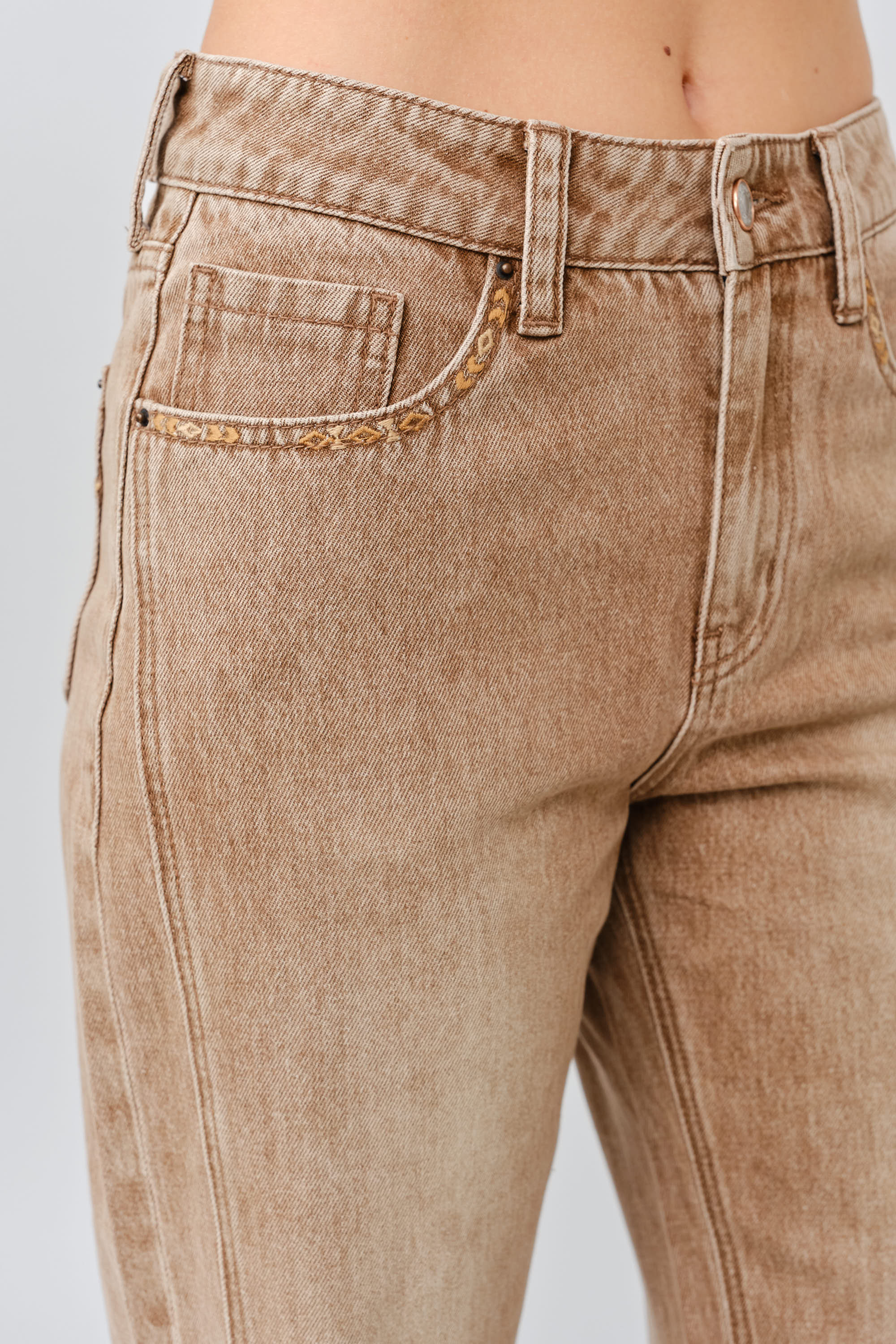 Grace in LA women's light wash flare jeans, close-up of the front pocket detailing