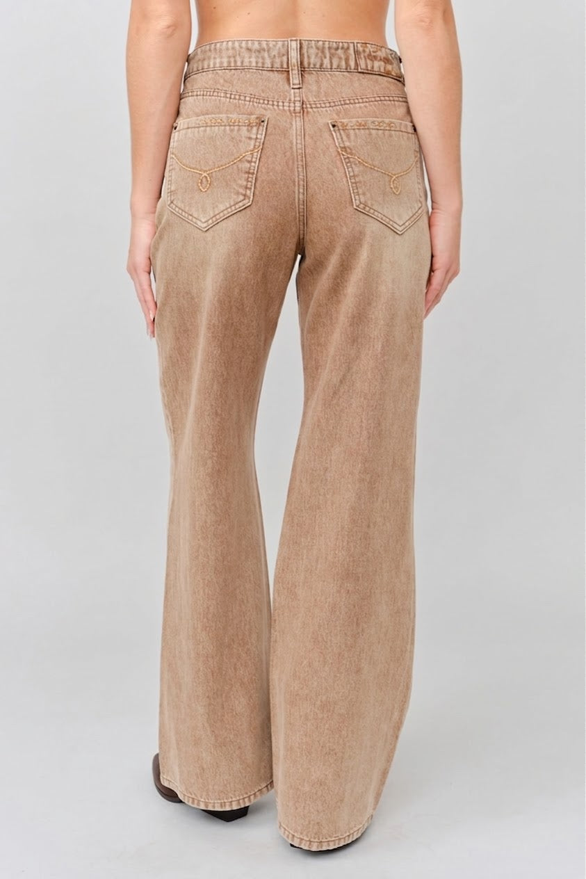 Grace in LA women's light wash flare jeans, full-length back view with a fitted hip and flared leg