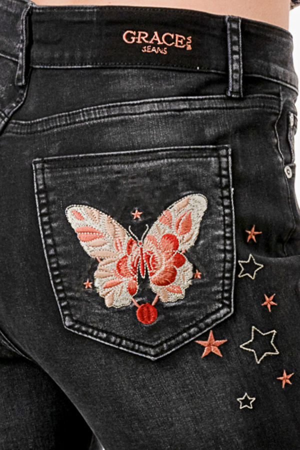 Butterfly Embroidered Boho Black  Flare
