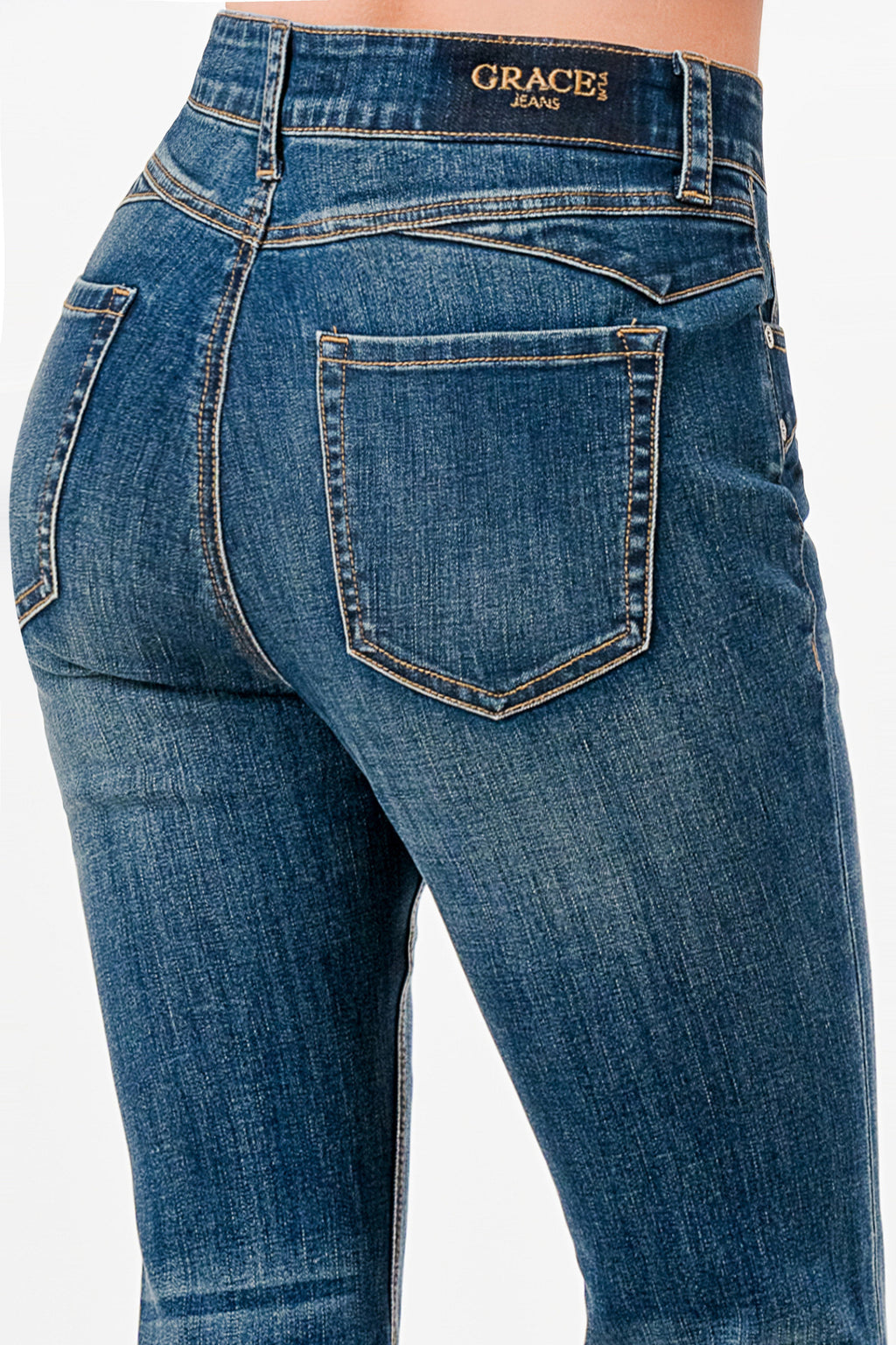Cutting Detail MD Blue Wash High Waist Flare Grace in LA - Denim