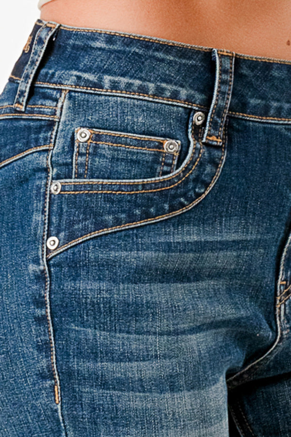 Cutting Detail MD Blue Wash High Waist Flare