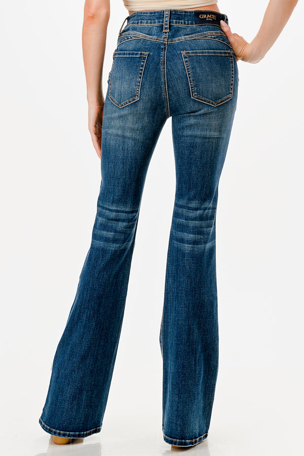 Cutting Detail MD Blue Wash High Waist Flare