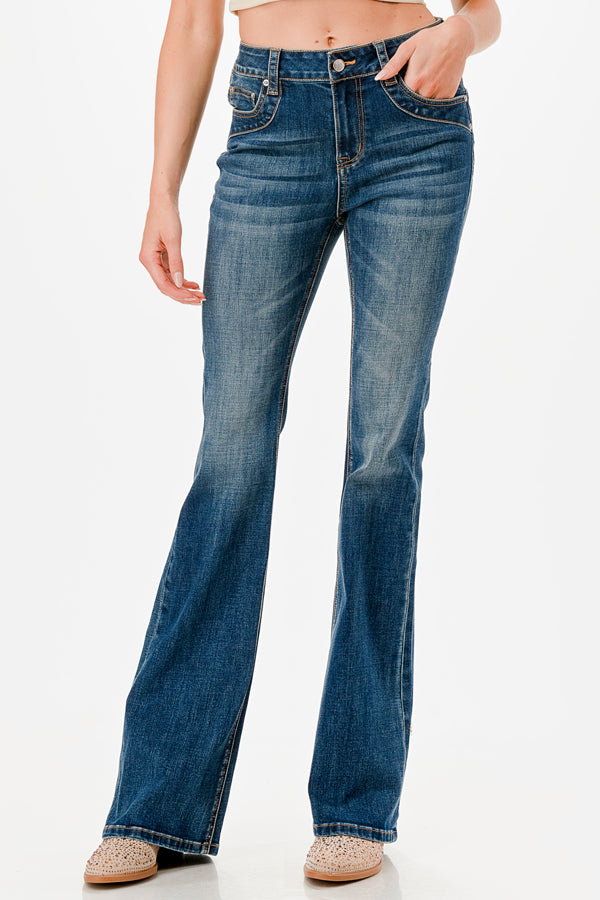 Cutting Detail MD Blue Wash High Waist Flare