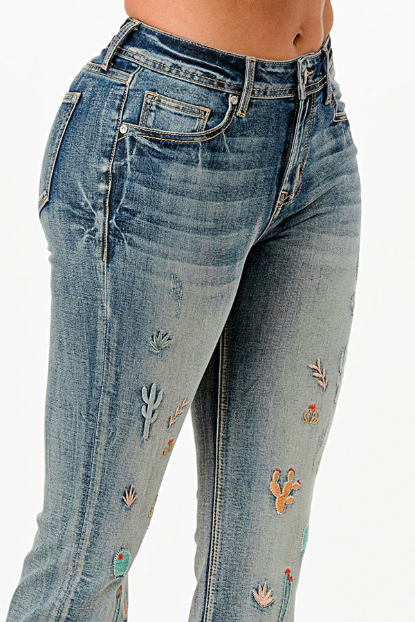 Cactus Embroidery Detail High Waist Flare