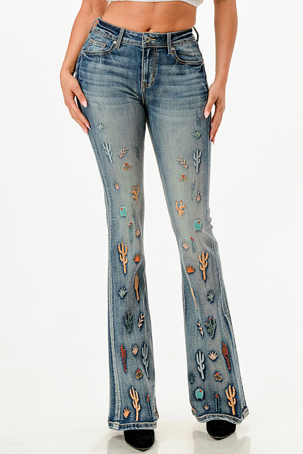 Cactus Embroidery Detail High Waist Flare