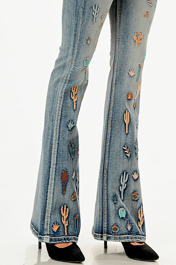 Cactus Embroidery Detail High Waist Flare