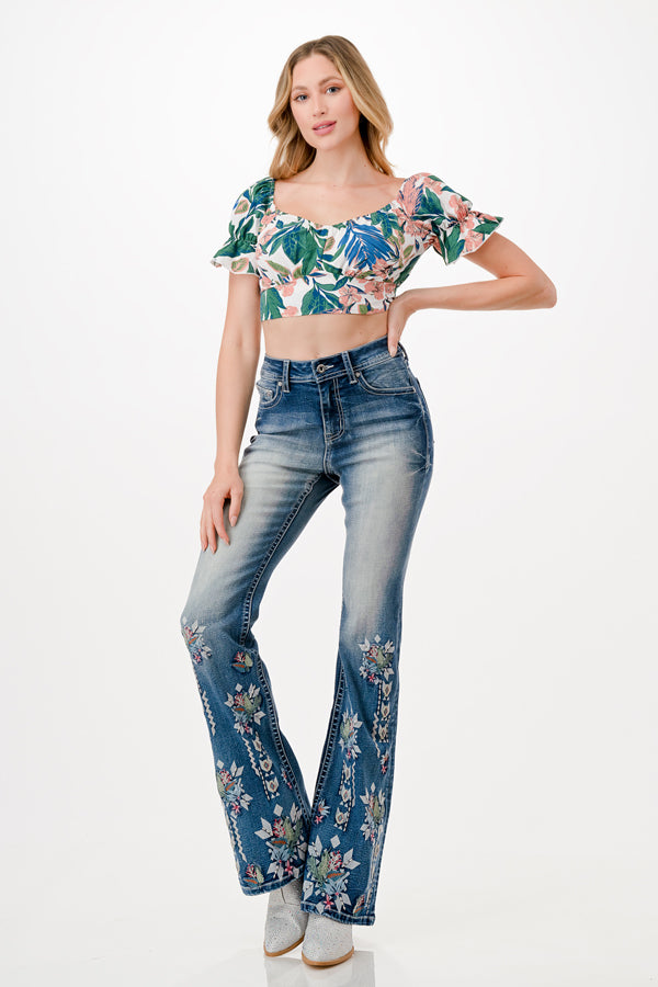 Floral Embroidered High Waist Flare Jeans