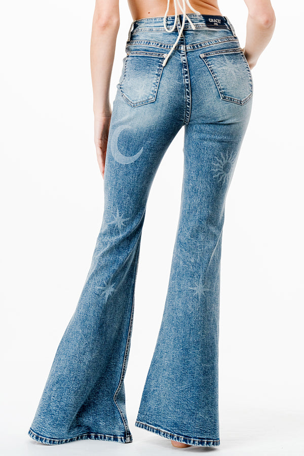 Sun ，Moon & Stars Printting High Waist Flare Jeans