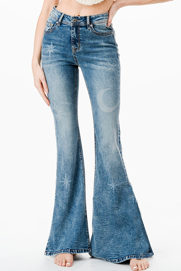 Sun ，Moon & Stars Printting High Waist Flare Jeans