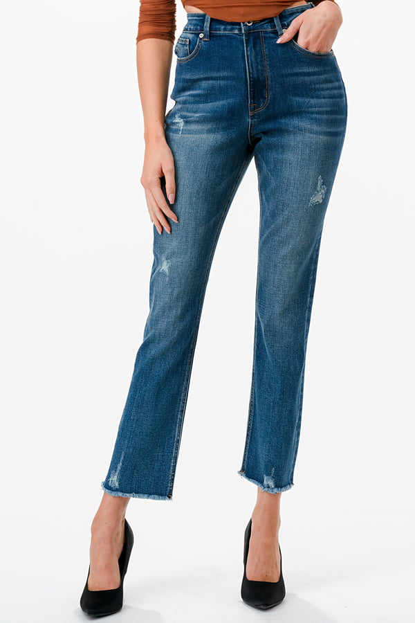 Basic 5 Pockets Med Blue Mid Rise Straight Leg Jeans