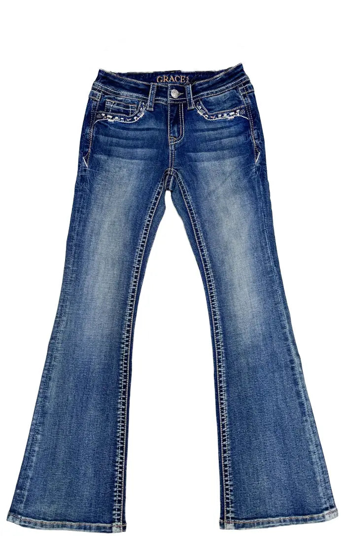 Horse Hide Trim Faux Flap A little Girls Bootcut Jeans Grace in LA GIRLS