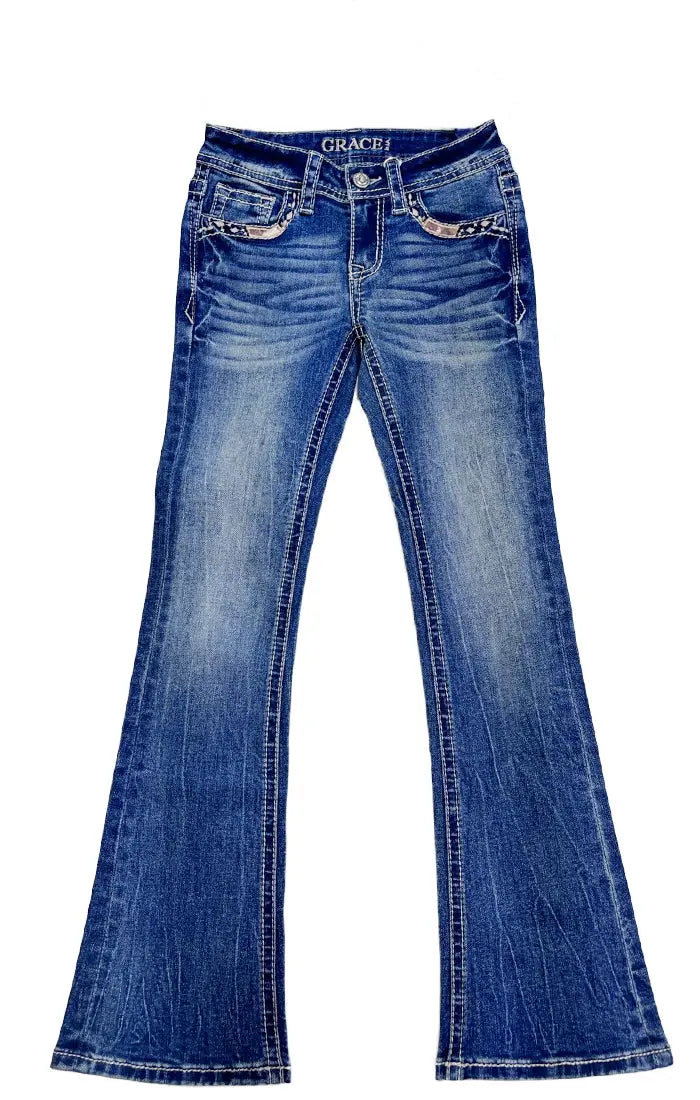 Horse Shoe /Cowhide Trims Girls Bootcut Jeans Grace in LA GIRLS