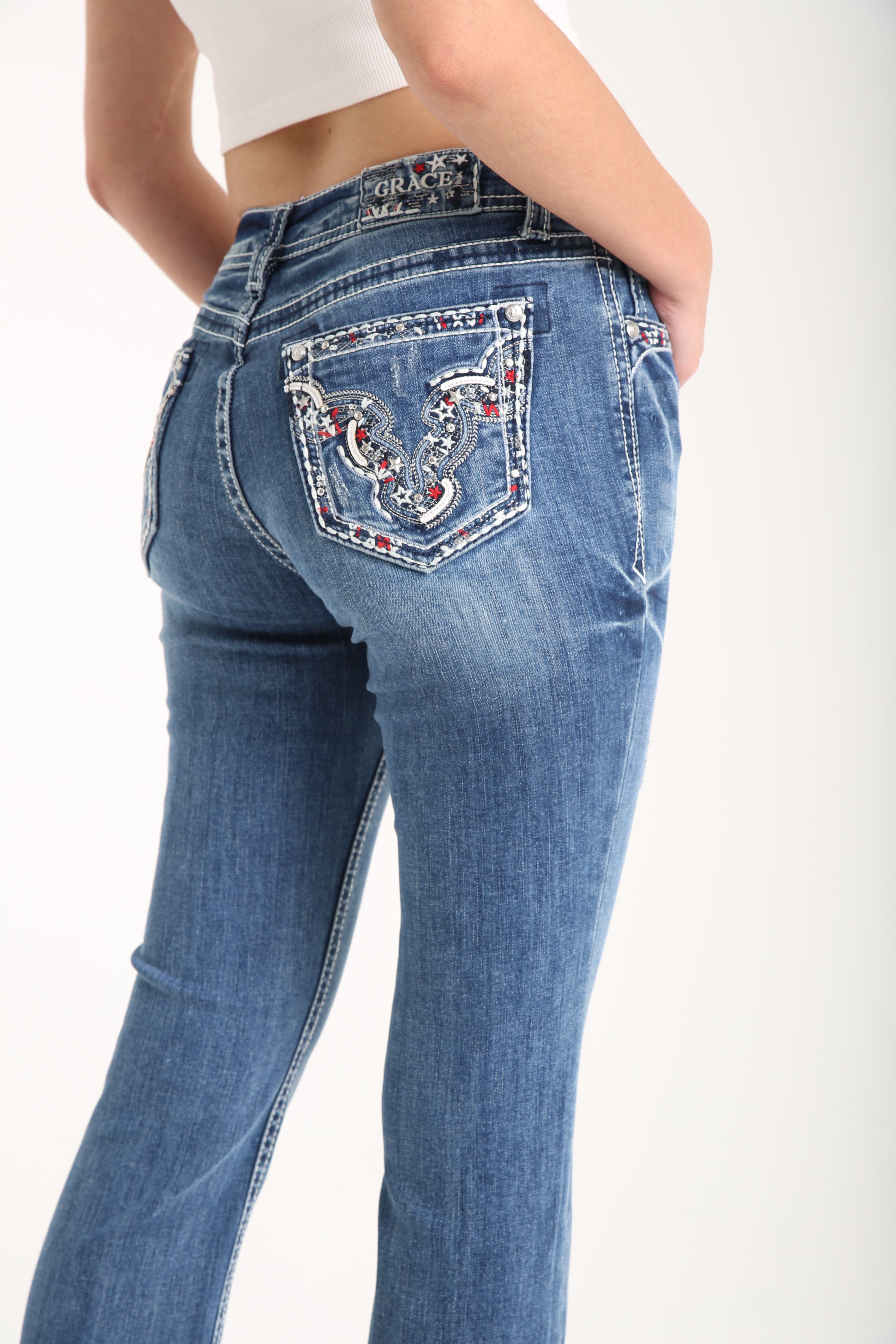 American Steer Head Embellished Mid Rise Bootcut Jeans