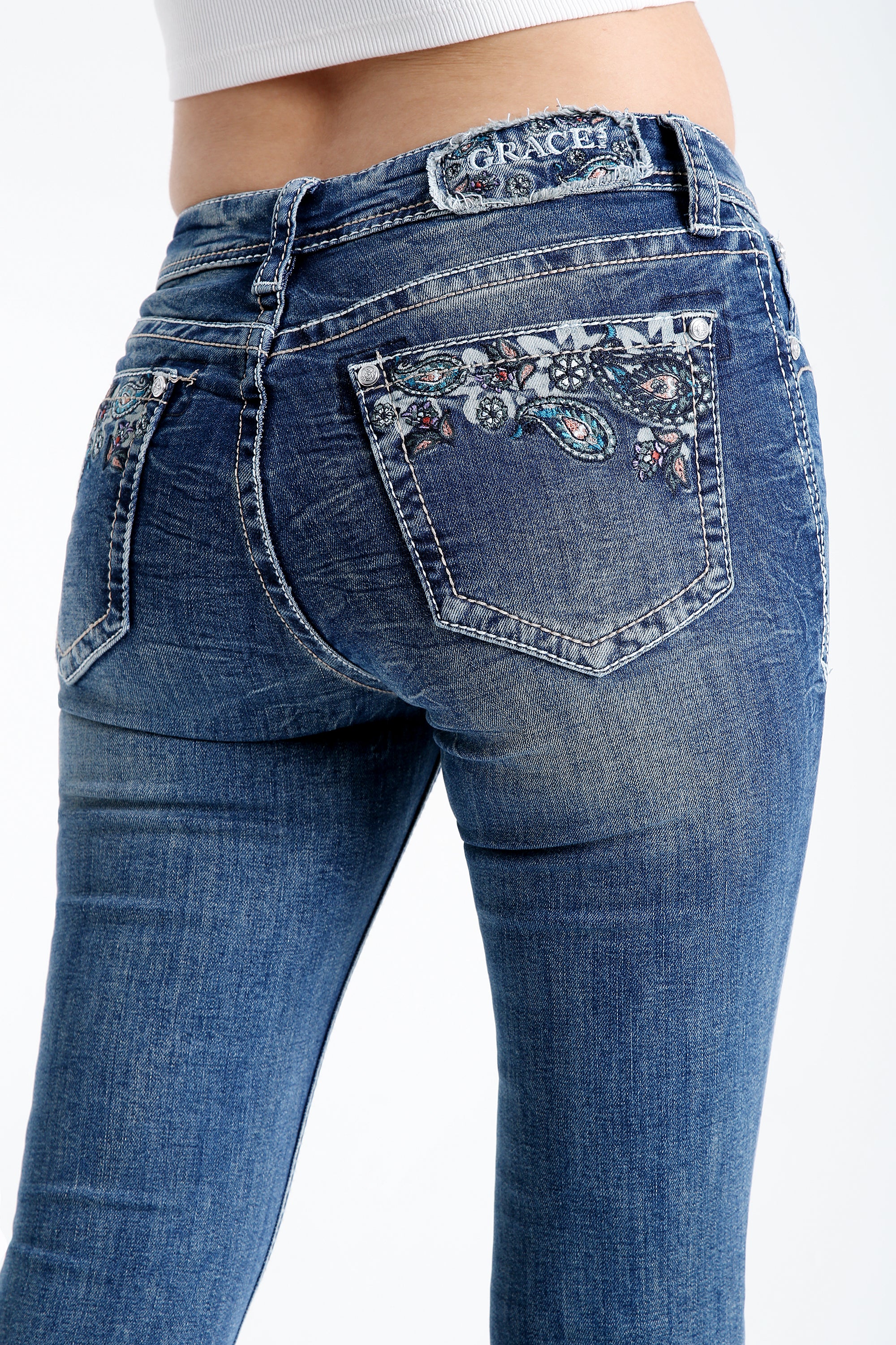 Floral Embroidery/ Hem Detail  Mid Rise Flare Jeans