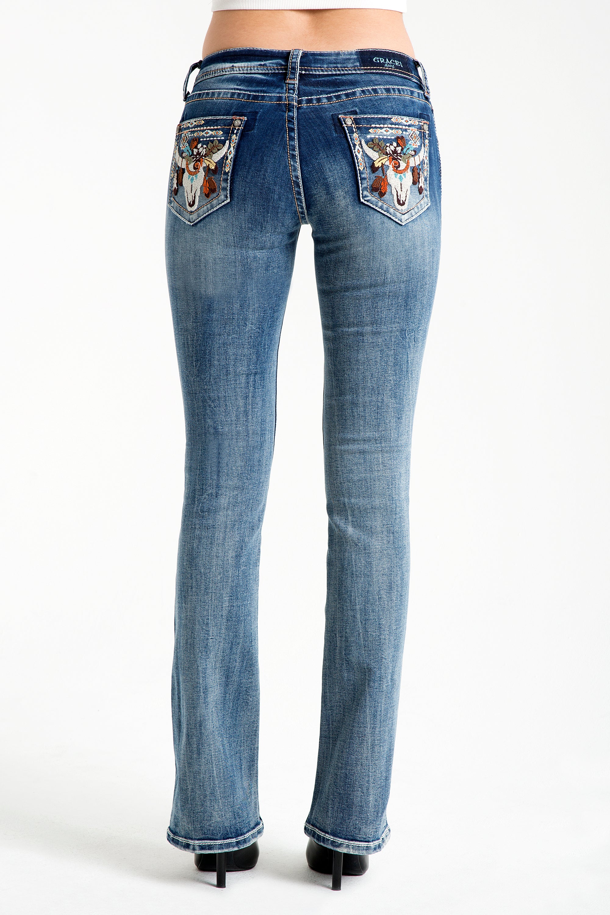 Steer Head Colorful Embellished Low Rise Bootcut Jeans