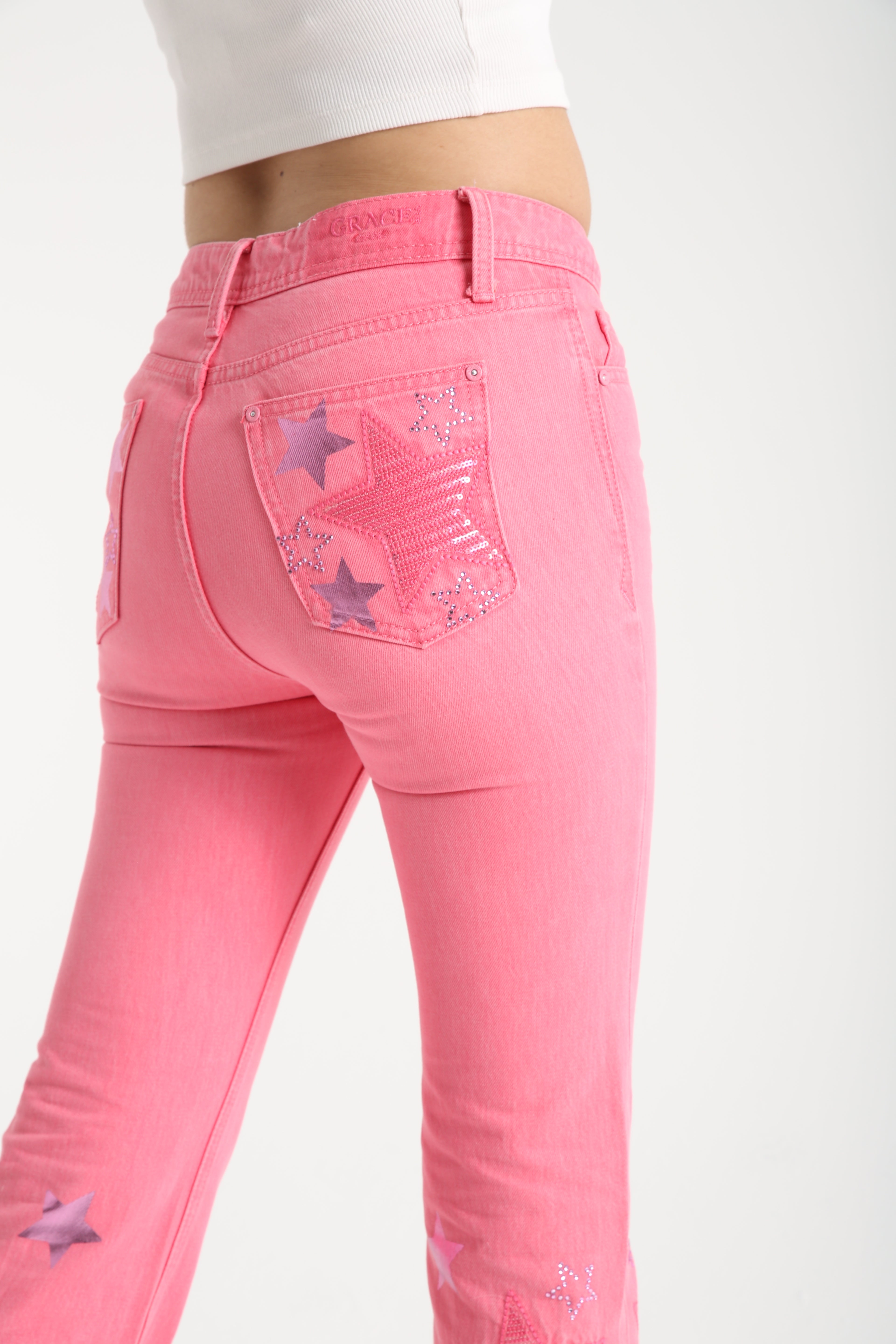 Stars Embroidered Pink High Rise Flare Jeans