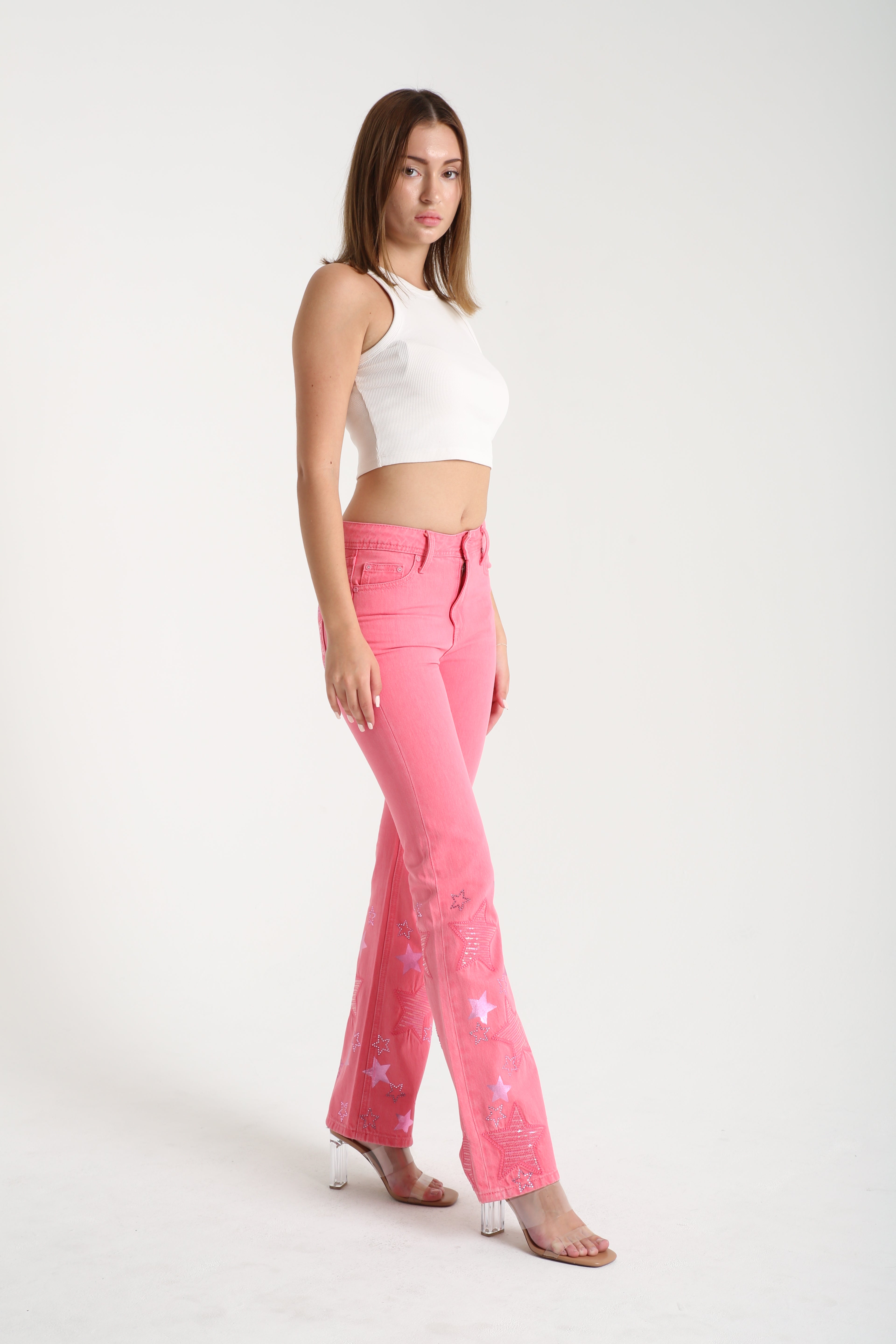 Stars Embroidered Pink High Rise Flare Jeans
