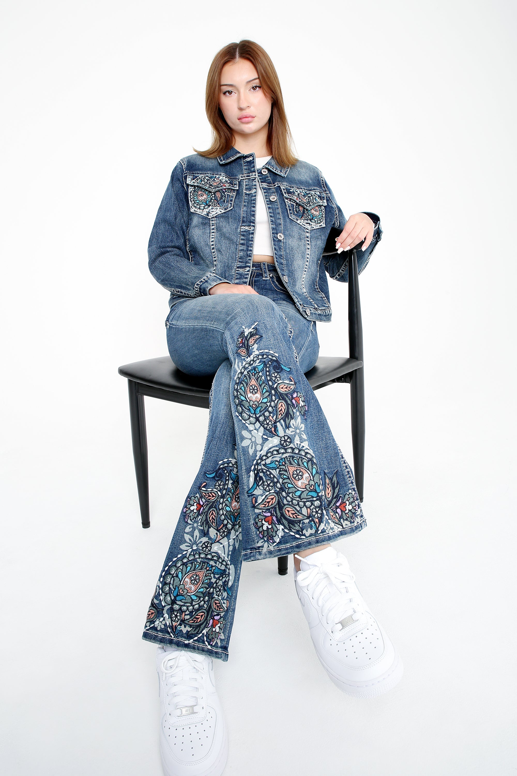 Floral Embroidery/ Hem Detail  Mid Rise Flare Jeans