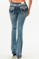 Grace in LA womens bootcut jeans back view with intricate western rhinestone embroidered pockets and waistband.
