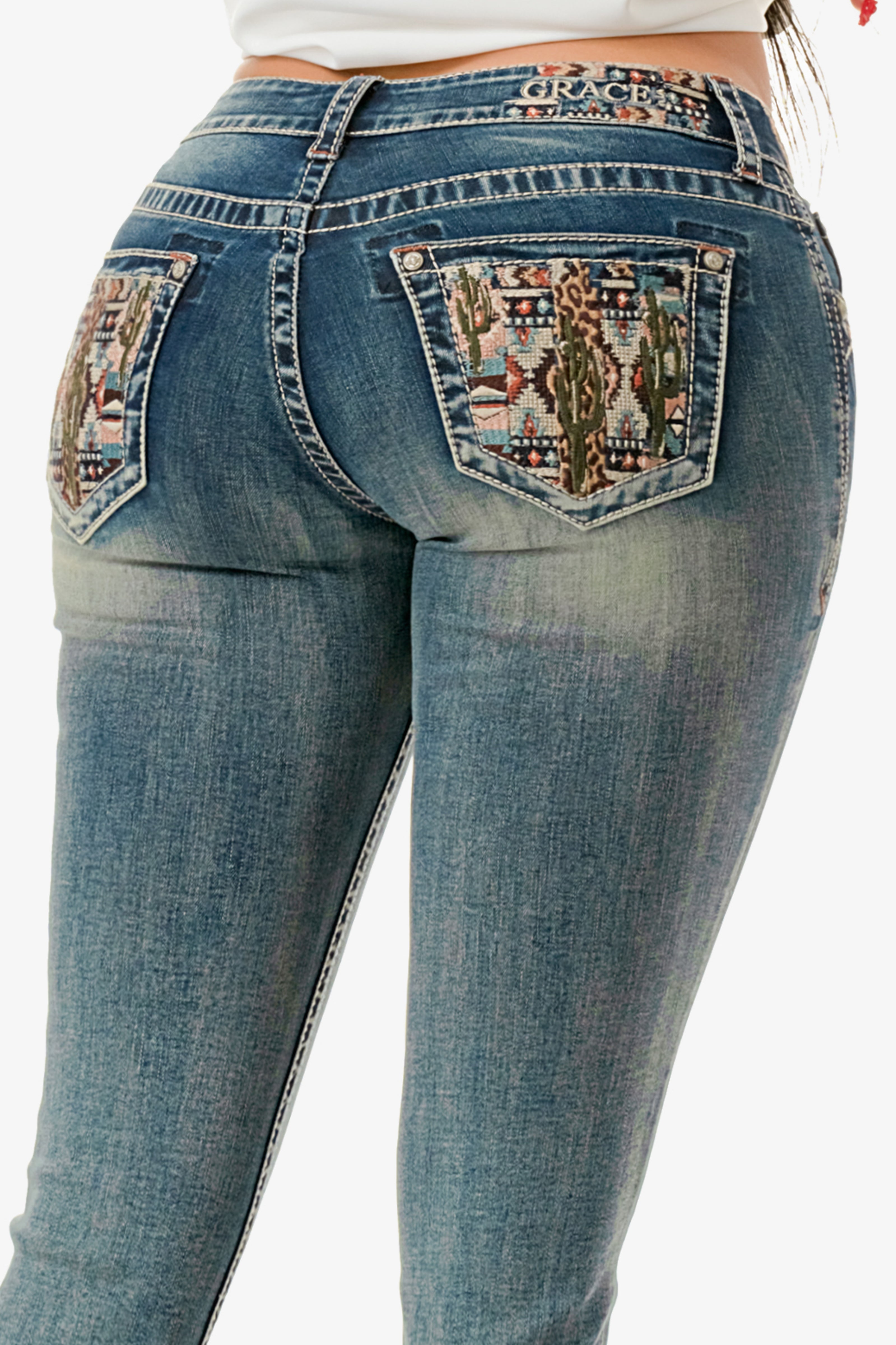 【Grace U】25SS★ Maya Bootscut Denim (S,M,L) Colorful Cactus Embroidered Mid Rise Bootcut Jeans