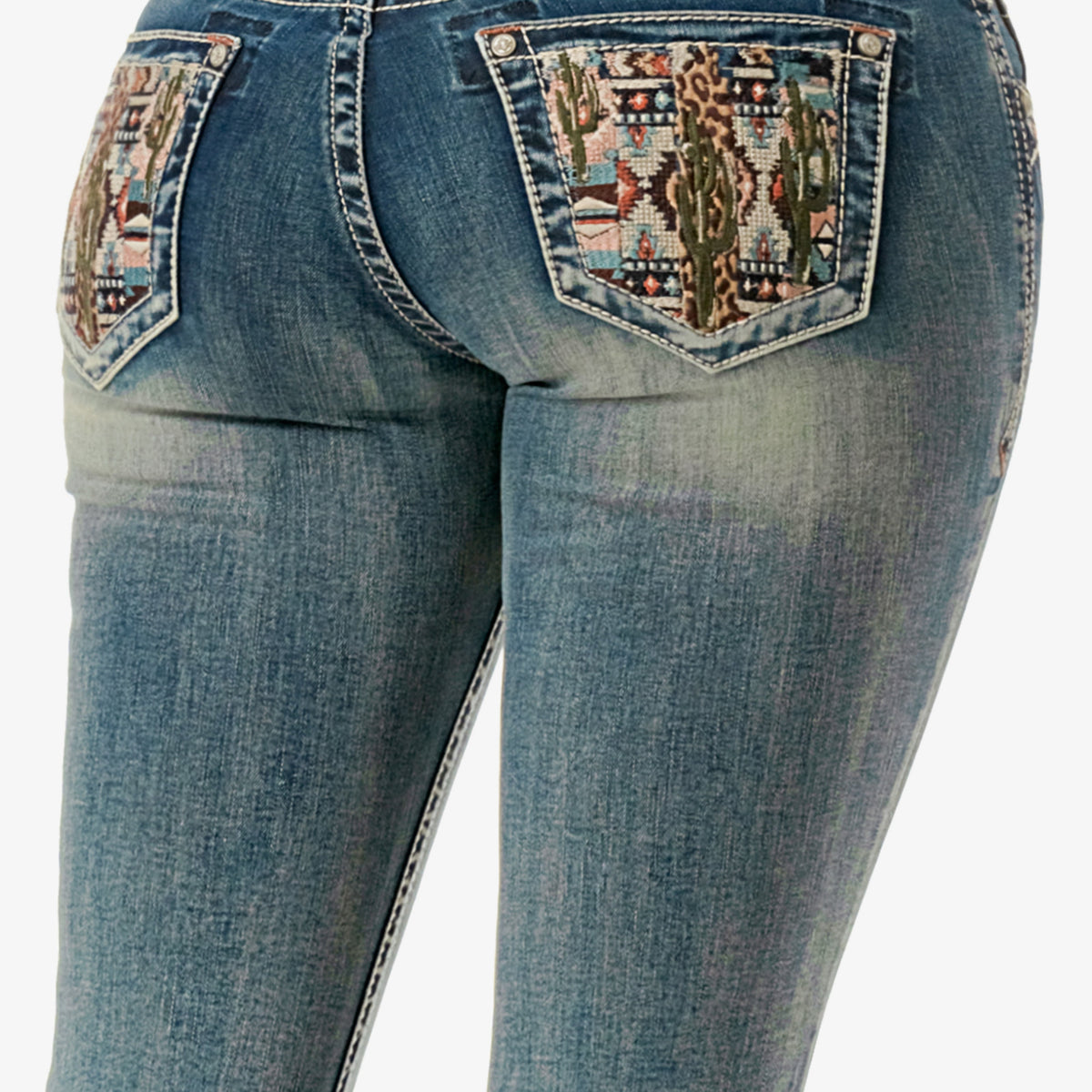 Colorful Cactus Embroidered Mid Rise Bootcut Jeans