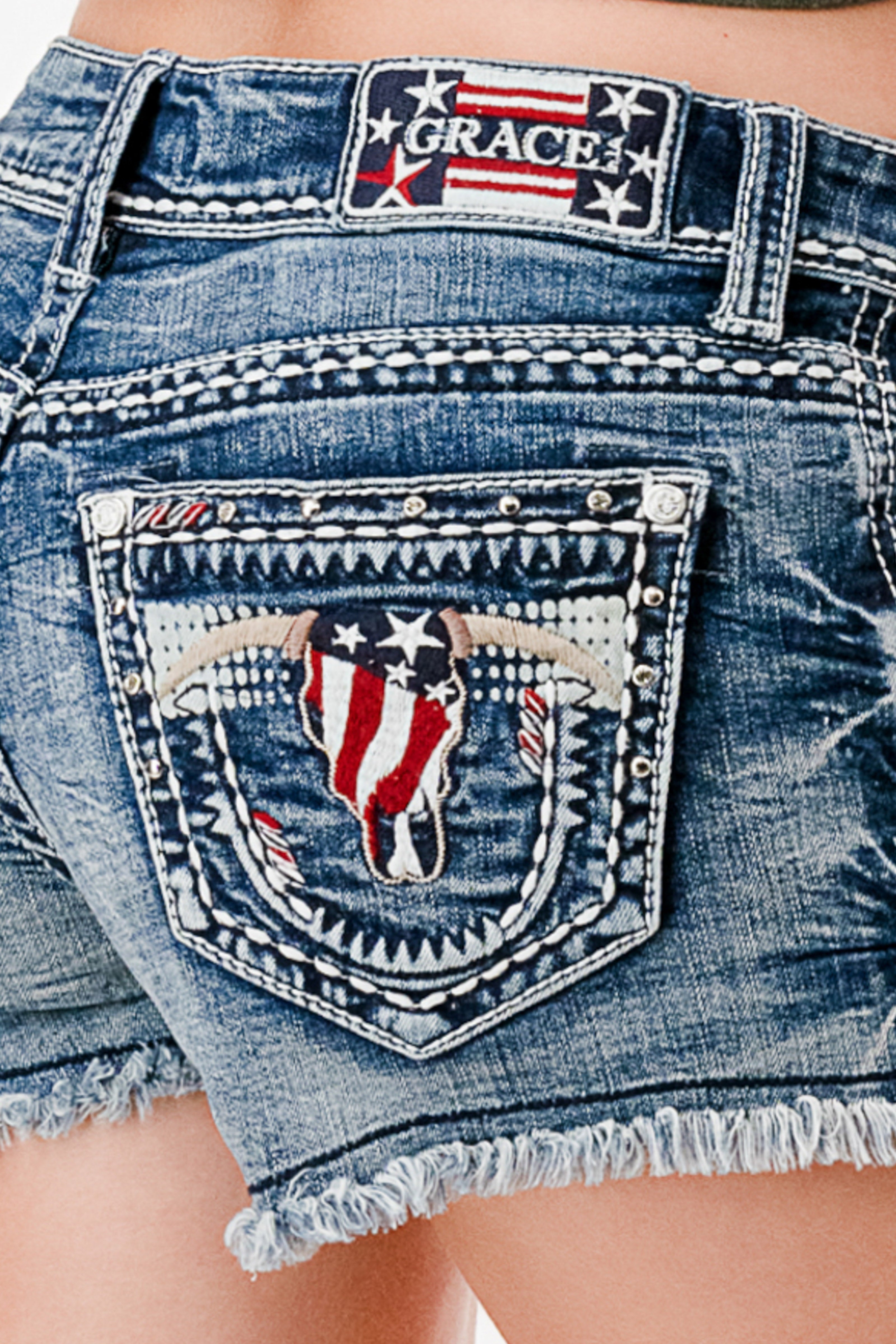 Americana Steer Head Embroidery Low Rise Jean Shorts Grace in LA - Denim