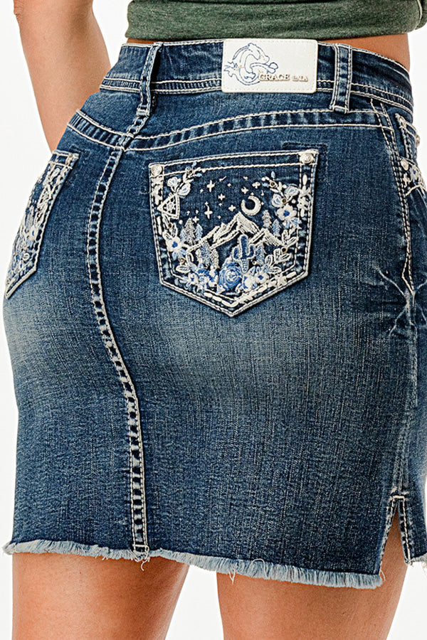 Mountain View Embroidered Denim Skirt