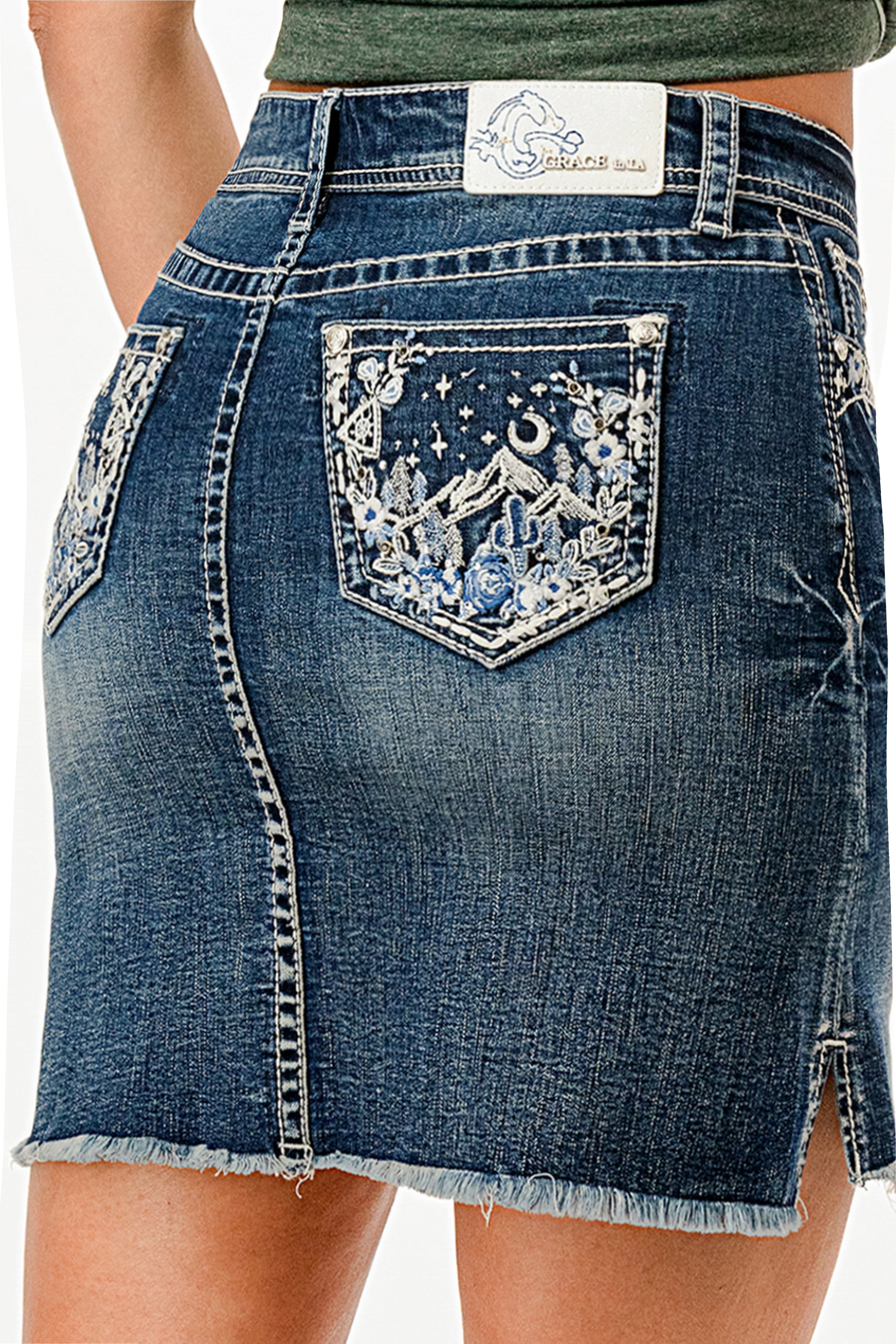 Mountain View Embroidered Denim Skirt Grace in LA - Denim