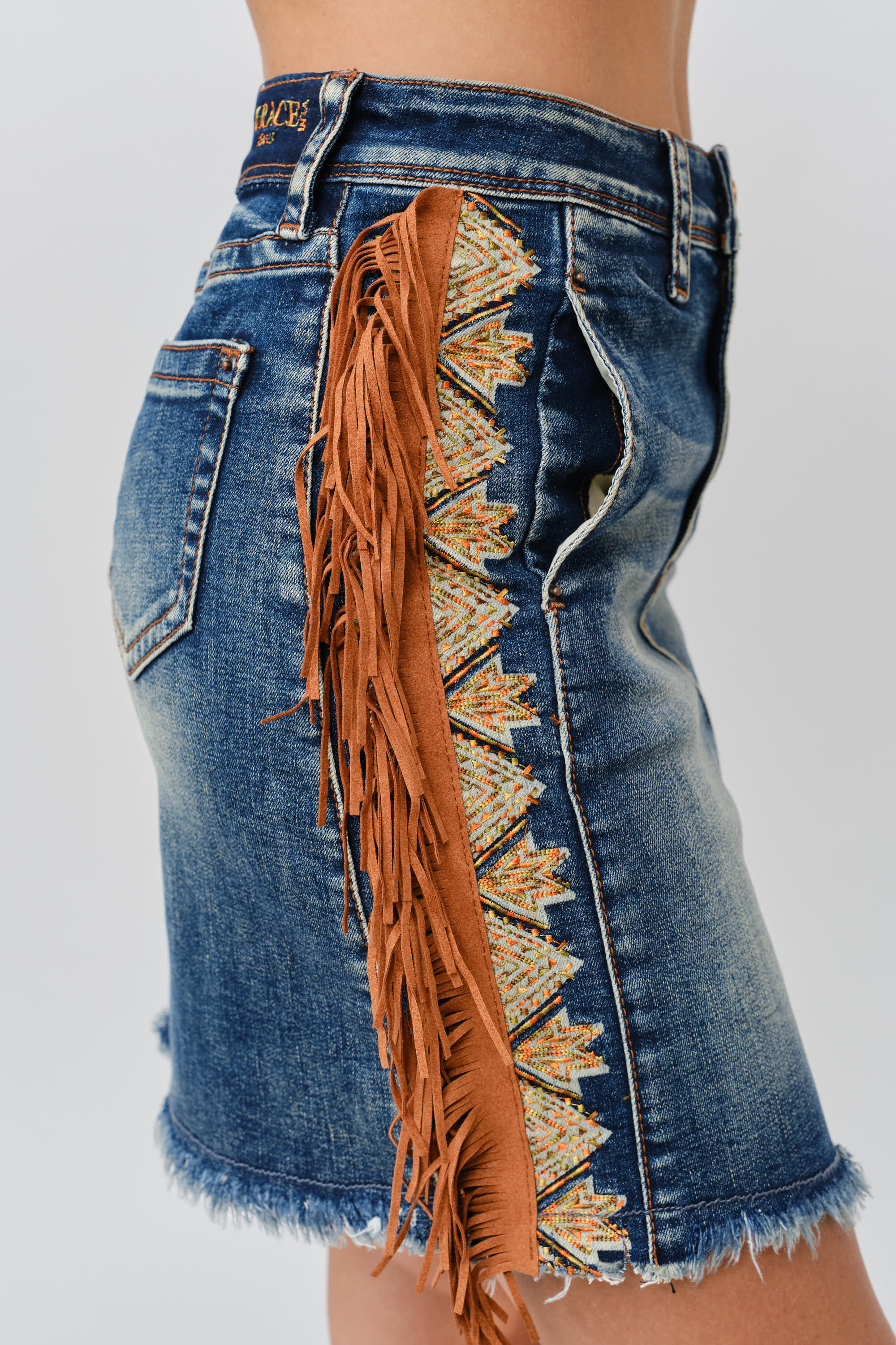 Tassel Fringe Embroidered Denim Skirt – Grace in LA