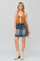 Grace in LA denim skirt model shot featuring tassel fringe embroidery on medium wash denim