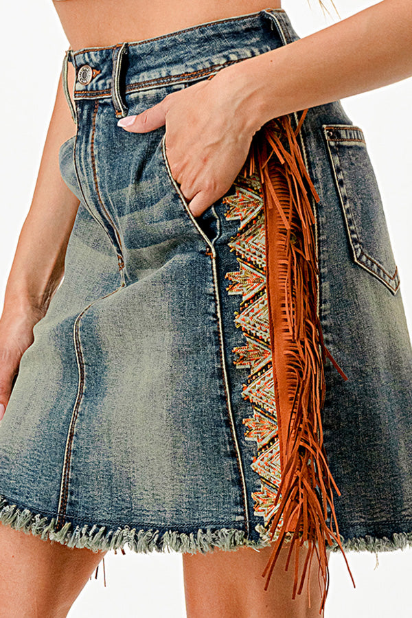 Tassel Trim Aztec Embroidered Denim Skirt