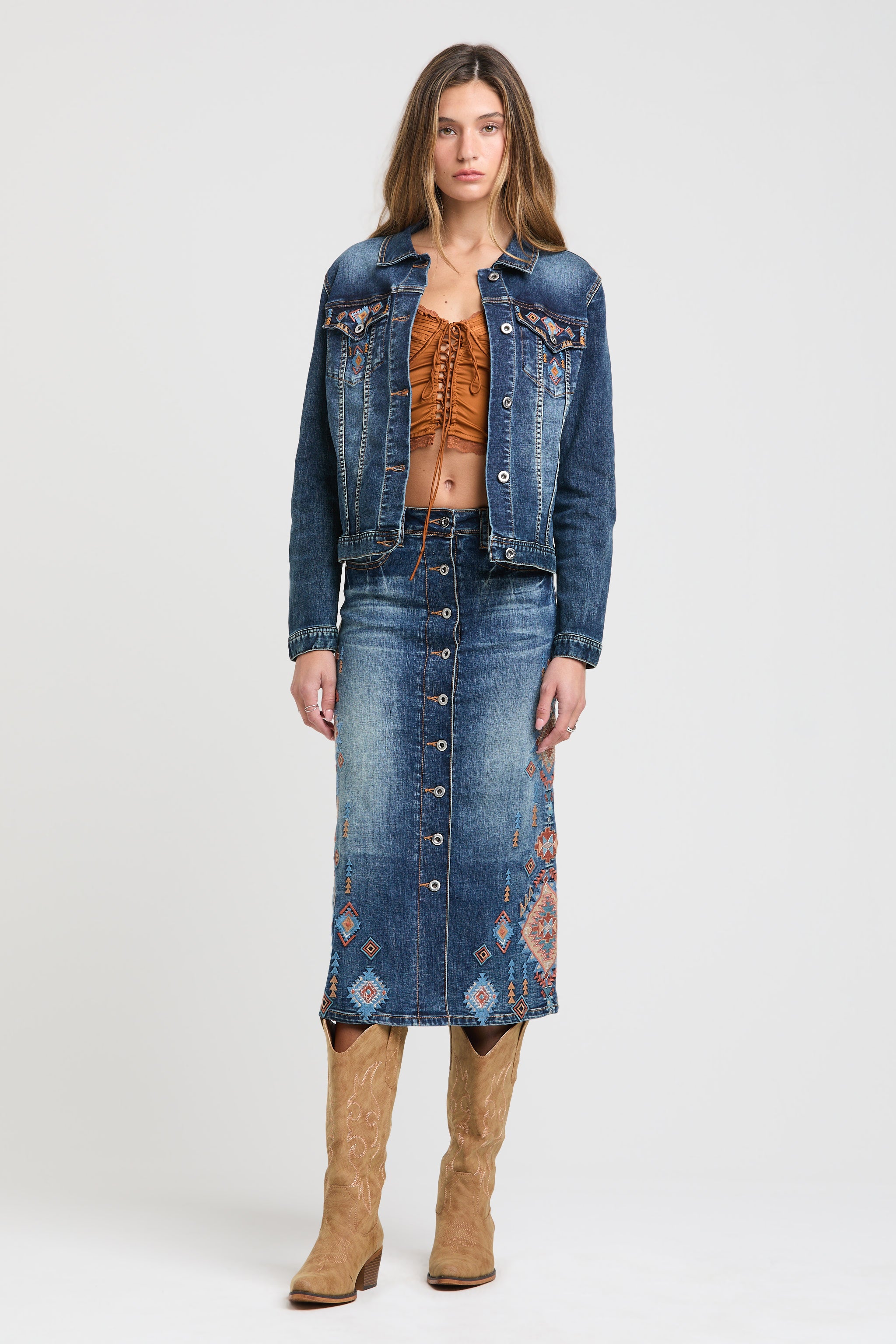 Aztec Tribal Embroidered Denim Skirt