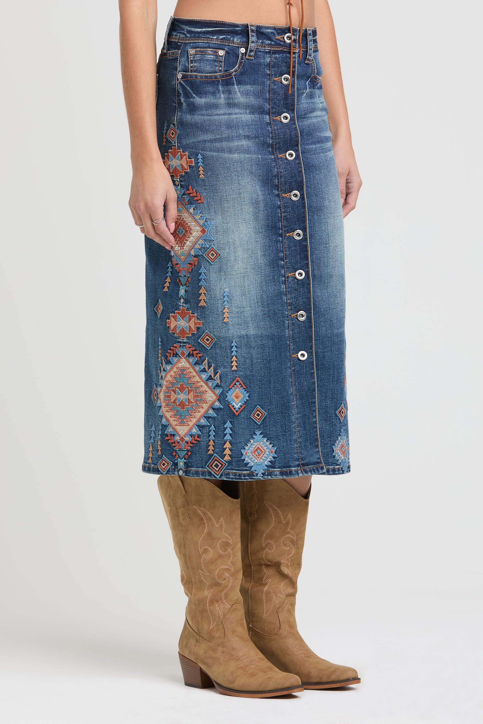 Aztec Tribal Embroidered Denim Skirt