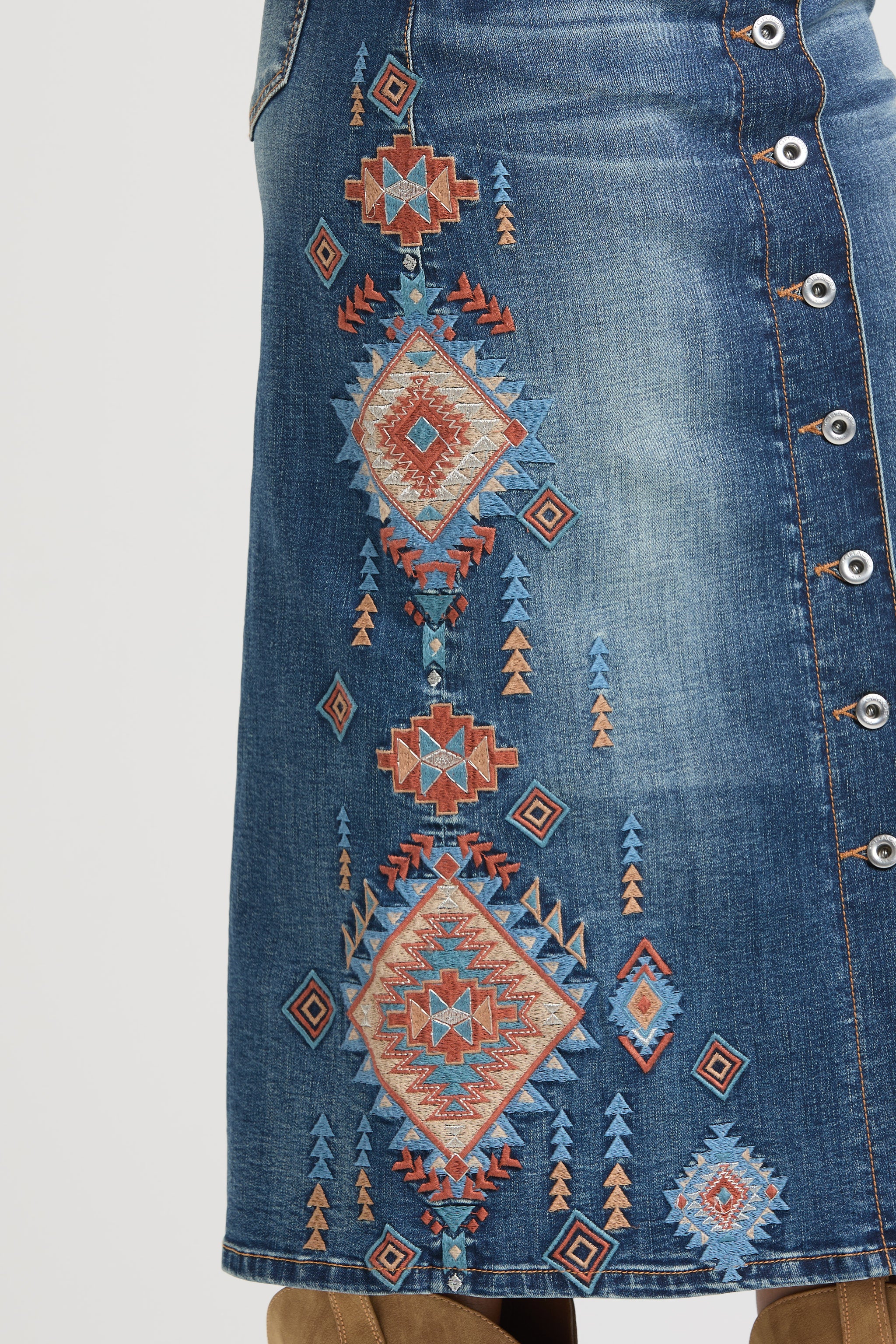 Aztec Tribal Embroidered Denim Skirt