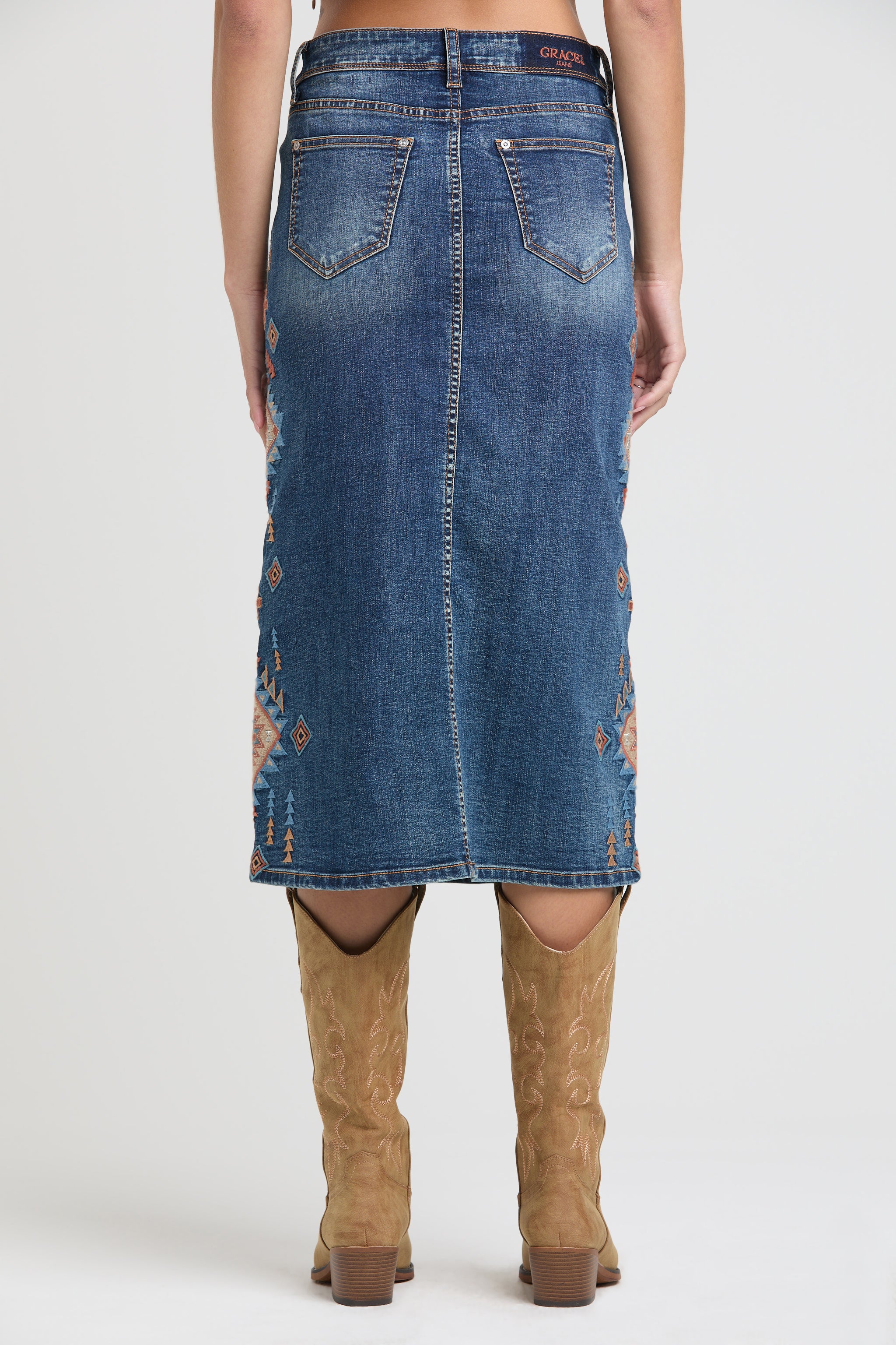 Aztec Tribal Embroidered Denim Skirt