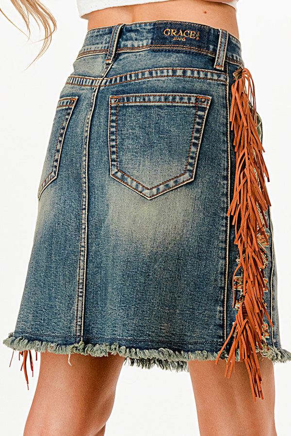 Tassel Fringe Embroidered Denim Skirt Grace in LA - Denim