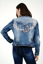 Rocker Flower Wings Women's Embroidered  Denim Jacket Grace in LA - Denim