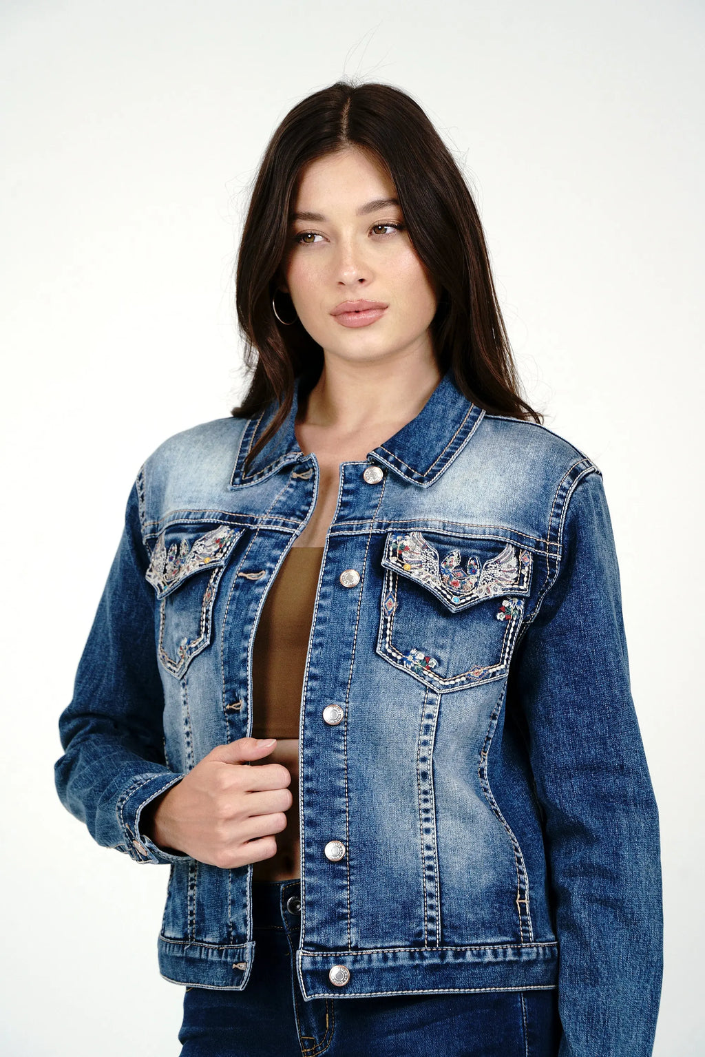 Rocker Flower Wings Women's Embroidered  Denim Jacket Grace in LA - Denim