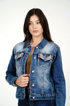 Rocker Flower Wings Women's Embroidered  Denim Jacket Grace in LA - Denim